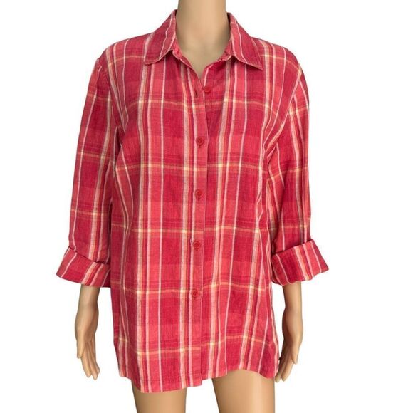 JM Collection By Jennifer Moore Red 100% Linen Plaid Shirt Top Size 16 - Picture 1 of 6